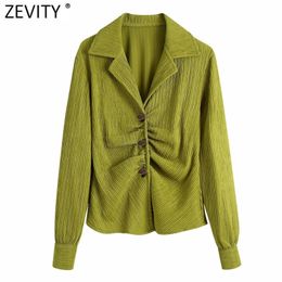 Women Vintage Pleated Green Blouse Lady Long Sleeve Chic Slim Shirt Femininas Turn Down Collar Casual Blusas Tops LS9216 210420