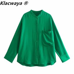 Women Fashion Crew Neck Single-Breasted Loose Blouses Solid Colour Long Sleeve Pocket Draped Shirts Casual Tops 210521