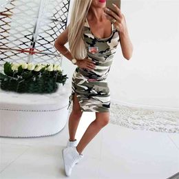 Summer Mini Dress Women Sexy Casual Camouflage Bodycon Dress Sleeveless Tank Dress Female D30 210331