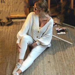 Women Knitted Sweater Suit 2 pieces Cardigan Pants Woman Fall Clothes Sweaters Trouser Suits Clothing Sets Female Outfit