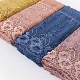 Plain Embroidered Tie-dyed Cotton Scarf Pearl Floral Scarves Shawl Women Muslim Hijab Female Oversize Islamic Turban Foulard