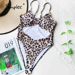 Sexy hollow out swimsuit Leopard print one-piece suit High cut swimwear women Vintage monokini push up bathing beachwear 210414