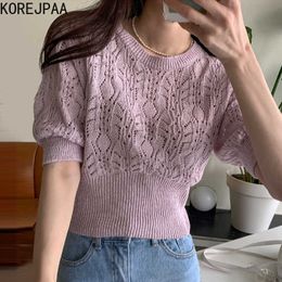 Korejpaa Women Sweater Summer Korean Chic Gentle Temperament Round Neck Hollow Crochet Design Slimming Knitted Pullovers 210526