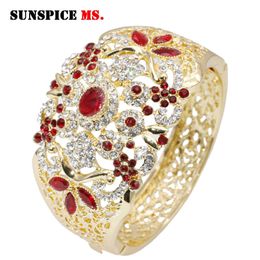 Sunspicems Elegent Crystal Wedding Jewellery Algeria Morocco Bangle Flower Cuff Bracelet for Women Gold Colour Arab Bijoux Gift Q0719