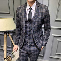 Blazers Men's Fashion Banquet Slim 2 Piece Suit Set / Male Business Plaid Jacket Pants Trousers Double Breasted Coat X0909