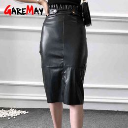 Women PU Leather Skirts Pencil Spring Autumn Office Work Wear High Waist Knee Length Bodycon Midi Skirt with Back Zipper 210428