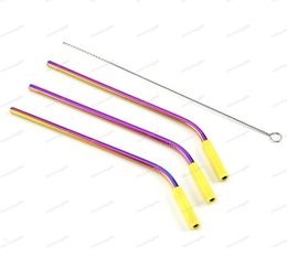 Reusable 304 Stainless Steel Straw Bent Metal Straws Drinking Silicone Tips for with and Cleanin