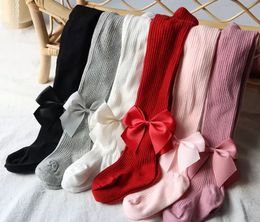 INS Baby girls ribbon Bows tight toddler kids vertical stripe knitted pantyhose christmas party dance leggings for children princess bottoms