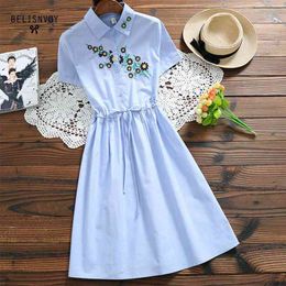 Mori Girl Summer Dress Fashion Women Short Sleeve Floral Embroidery Dresses Female Blue Cotton Linen Vestidos 210520