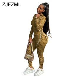 Autumn Winter Printed 2 Piece Matching Set Outfit Women Hooded Full Sleeve Tshirt + Bodycon Long Pants Causal Two Piece Sets Y0625