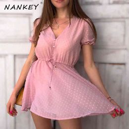 Pink Casual Holiday Botton Women Dress Summer V-neck Short Flare Sleeve Mini Dress High waist Single-Breasted Vestidos 210412