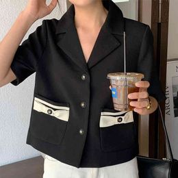 Summer Black Fashion Elegant Lapel Chic Three Buttons Loose Wild Short-sleeved Small Suit Jacket Women 16F1074 210510