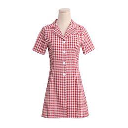 PERHAPS U Women Plaid Dress Embroidery Notch Collar Short Sleeve Black Red Mini Dress Summer Button D1106 210529