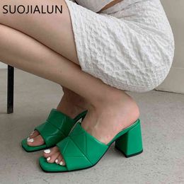 SUOJIALUN Fashion Square Toe Square High Heel Slippers Embroidery Peep Toe Slide New Brand Summer Sandal Shoes Casual Flip Flops C0407