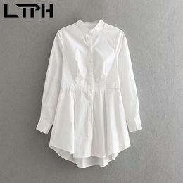 Minimalist vintage long sleeve shirt dress women Stand-up collar elegant all-match Solid casual dresses Spring 210427