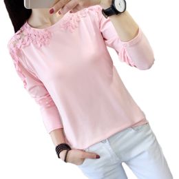 Women Autumn Eleglant Lace Hollow Out Blouse Shirt Long Sleeve Pink Blouse Tops Female Outfit Tops 210419