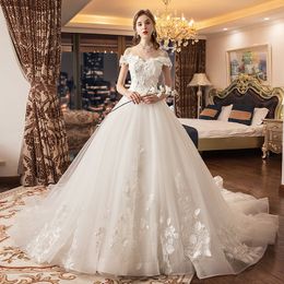 Off-Shoulder Ball Gown Wedding Dresses 3D-Floral Appliqued Sequins Lace Bridal Gowns Custom Made Abiti Da Sposa