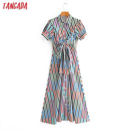 Tangada fashion women stripe print midi dress with bow short sleeve ladies vintage chiffon dress vestidos 2F40 210609