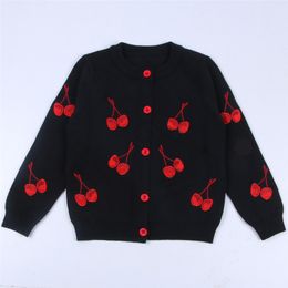 1-6Yrs Baby Boys Girls Cherry Embroidery Cardigan Coat Children Clothing Long Sleeve Knitted Kids 210429