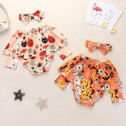 kids Rompers girls Halloween ruffle collar romper infant toddler Pumpkin ghost Jumpsuits+Bow Headband Spring Autumn fashion baby Climbing clothes