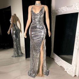 African Prom Dress Mermaid Spaghetti Straps Silver Sexy Split Club Wear for Girl Evening Party Gowns Vestidos