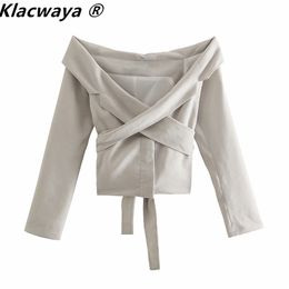 Klacwaya Za Blazer Woman Office Off Shoulder Jacket With Belt Slim Long Sleeve Casual Clothing Female Suit Chic Tops 211122