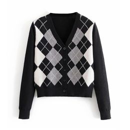 BLSQR Women V-neck Knitted Short Sweaters Geometric Pattern Cardigan Fashion Long Sleeve Crop Top Ropa Mujer 210430