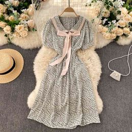 Spring Age Reduction Vestidos Female Doll Collar Puff Sleeves Hit Color Bow Knot Waist Thin Sweet Floral Midi Dress GK331 210507