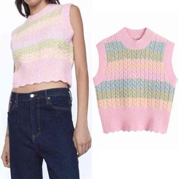 Pink Striped Knitting Vest Woman Sweaters Cable Knit Rib Sleeveless Cropped Sweater Women Winter Pullovers 210519