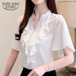 Fashion And Chiffon Blouse Ladies Tops White Shirts Plus Size Women V-Neck Ruffles 3780 50 210415