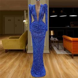 Blue Sequined Mermaid Prom Dresses Beaded Long Sleeve V Neck Dubai Plus Size Women Formal Evening Gowns Robes De Soiree