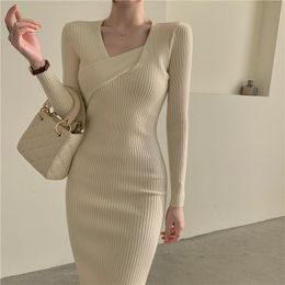 Casual Dresses 2021 Autumn And Winter Trend Of Fashion Core-spun Yarn Knitted Long-sleeve Dress V Collar Slim Show Black Long Slit Hip Skir