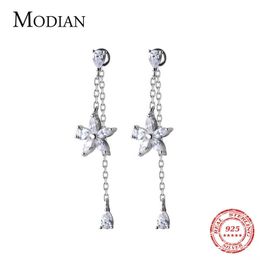 Trendy Swing Flower Drop Earrings Elegant 925 Sterling Silver Clear CZ Dangle Ear Pin For Women Wedding Statement Jewellery 210707