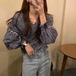 Women V-neck Cross Fungus Striped Blouse Chic Retro Lantern Sleeve Femme Blusas Autumn Fashion Shirts PL373 210506