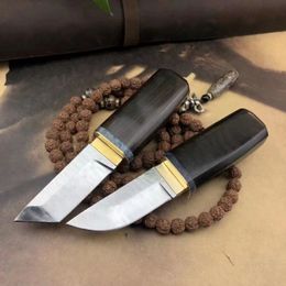 Fat Little Samurai Straight Fixed Knife Damascus Blade Ebony Wood Handle Tactical Hunting Fishing EDC Survival Tool Knives a3875