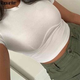 Rapwriter Casual Ribbed Crop Basic White T-Shirt Girl Summer Streetwear Crew Neck Short Sleeve Stretch Tee Top Feminina 210406