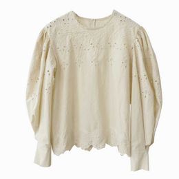 PERHAPS U Women Beige Solid Top Shirt O Neck Long Sleeve Shirt Spring Summer Puff Sleeve Lace Embroidery Hollow Out B0564 210529