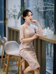 Ethnic Clothing Chinese Traditional Long Sleeve Sexy High Split Cheongsam Women Fashion Vintage Retro Floral Print Qipao