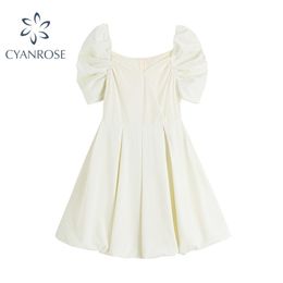 Summer Women High Waist Short Sleeve Mini Dress Korean Vintage Elegant Square Collar Puff Casual Female 210515
