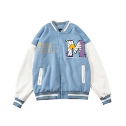 Suede Daisy Bee Towel Embroidery Baseball Jacket Autumn Harajuku Casual Streetwear Mens Hip Hop Fashion Loose Jackets Coats 210928