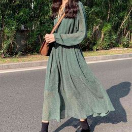 Autumn Plus Size Green Dress Vintage Women Elastic Waist Polka Dot Lady Long A-line Midi Vestidos 9886 210518