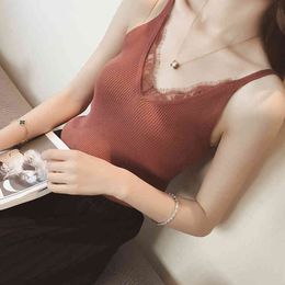 Sexy Women Plain Camisole Lace Splicing Double V-neck Vest Slim Sling Tank Tops X0507