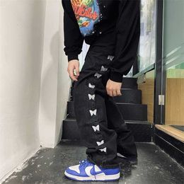 Men's Black Jeans Harajuku Butterfly Embroidery Hip Hop High Street Loose Straight Leg Daddy Pants Man Trousers 9Y5330 211111