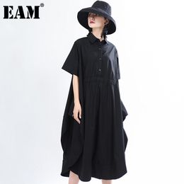 [EAM] Women White Vent Split Joint Big Size Dress Lapel Short Sleeve Loose Fit Fashion Spring Summer 1T657 210512