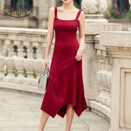 Summer Elegant Knitted A-line dress Female Solid French Slash-Neck Irregular Midi Light Ripe Sexy Temperament Dress 9328 210510