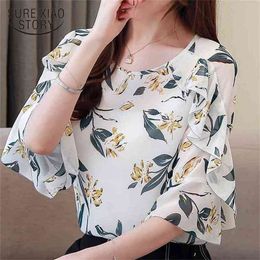 summer ruffles O-neck chiffon blouse floral print butterfly sleeve women top shirt s woman female 4777 50 210506
