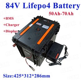 Waterproof 84V 50Ah 60Ah 70Ah LiFepo4 lithium battery pack with voltage display for 8000w motorhome RV golf cart + 5A charger