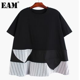 [EAM] Women Black Big Size Casual Spliced Striped T-shirt Round Neck Short Sleeve Fashion Spring Summer 1DD8205 210512