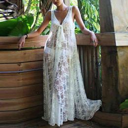 Summer Women Maxi Sleeveless Sexy Transparent Loose White Lace Long Tunic Beach Dress 210415