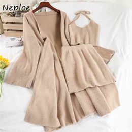 Ins Autumn Winter 3 Piece Set Sexy Halter Vest + Stretch Waist Skirts Mid-length Knitted Women Jacket Solid Color Suit 210422